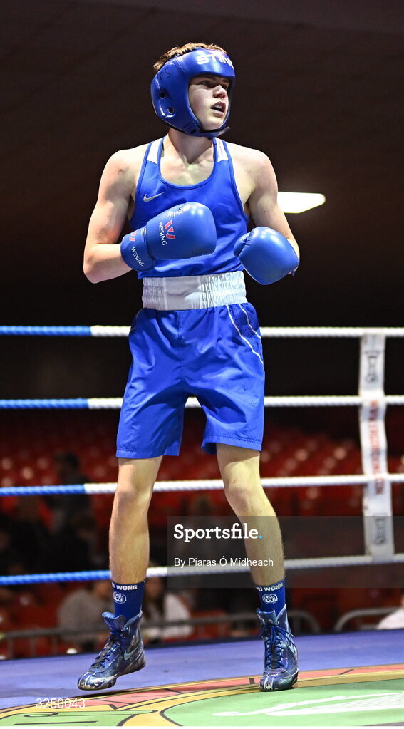 19 September 2025; Padraig Walsh of Immaculata ABC Belfast in action against Cathal Conlon of Ballyhaunis BC Mayo during their 63kg bout at the 2025 IABA National U17 Championship Finals at the National Boxing Stadium in Dublin. Photo by Piaras Ó Mídheach/Sportsfile