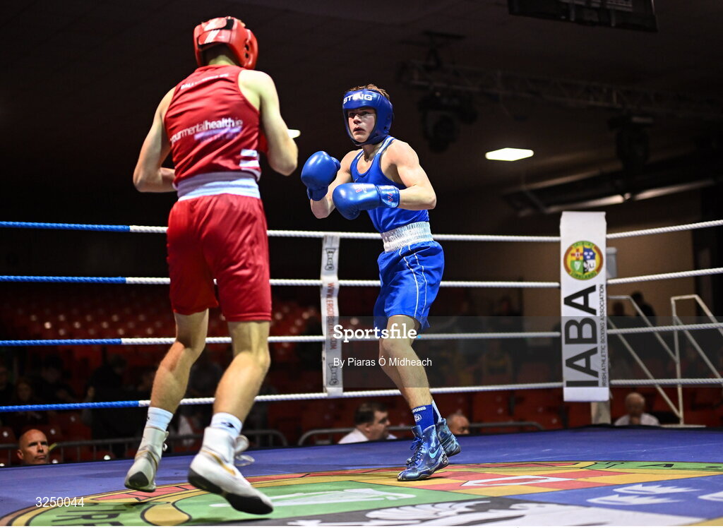 19 September 2025; Padraig Walsh of Immaculata ABC Belfast, right, in action against Cathal Conlon of Ballyhaunis BC Mayo during their 63kg bout at the 2025 IABA National U17 Championship Finals at the National Boxing Stadium in Dublin. Photo by Piaras Ó Mídheach/Sportsfile