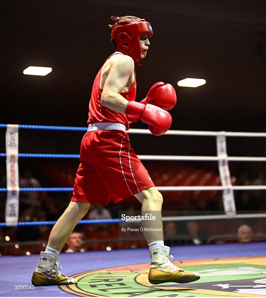 19 September 2025; Conan McSorley of Two Castles ABC Tyrone in action against Michael McDonagh of Avona BC Dublin during their 54kg bout at the 2025 IABA National U17 Championship Finals at the National Boxing Stadium in Dublin. Photo by Piaras Ó Mídheach/Sportsfile