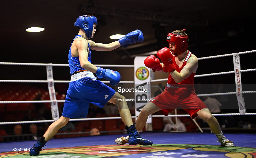 19 September 2025; Conan McSorley of Two Castles ABC Tyrone, right, in action against Michael McDonagh of Avona BC Dublin during their 54kg bout at the 2025 IABA National U17 Championship Finals at the National Boxing Stadium in Dublin. Photo by Piaras Ó Mídheach/Sportsfile