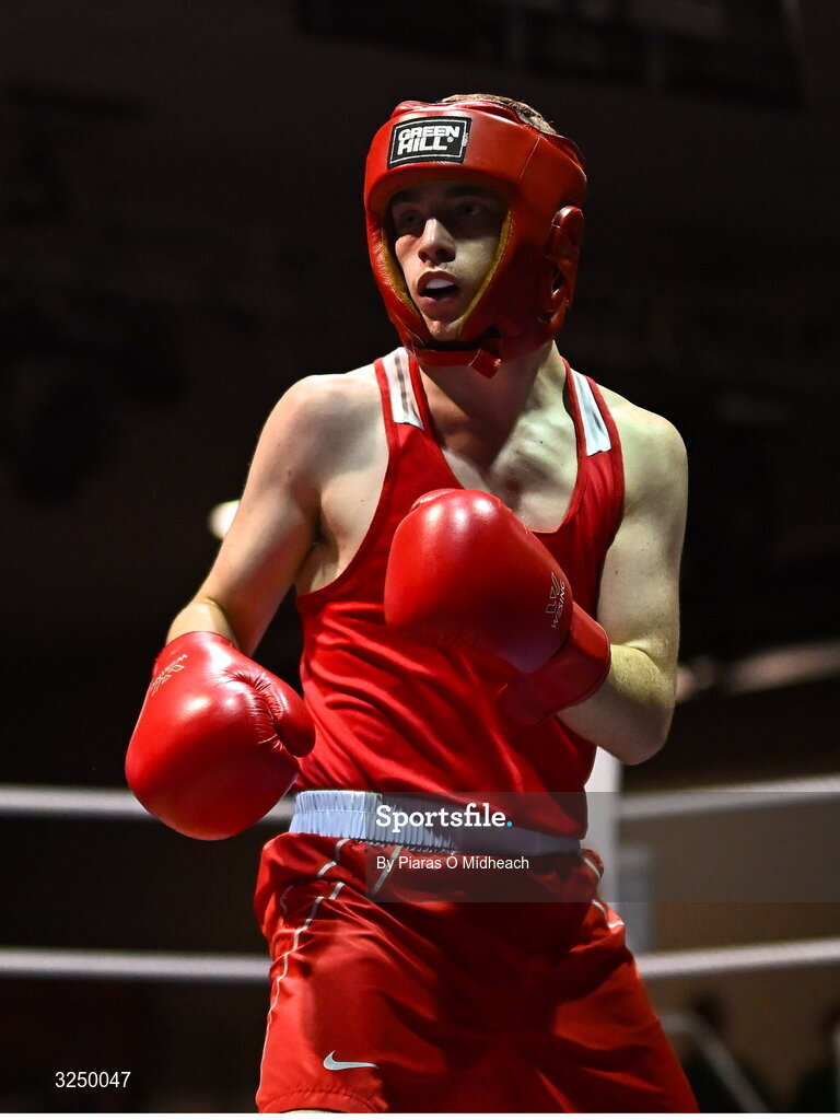 19 September 2025; Conan McSorley of Two Castles ABC Tyrone in action against Michael McDonagh of Avona BC Dublin during their 54kg bout at the 2025 IABA National U17 Championship Finals at the National Boxing Stadium in Dublin. Photo by Piaras Ó Mídheach/Sportsfile