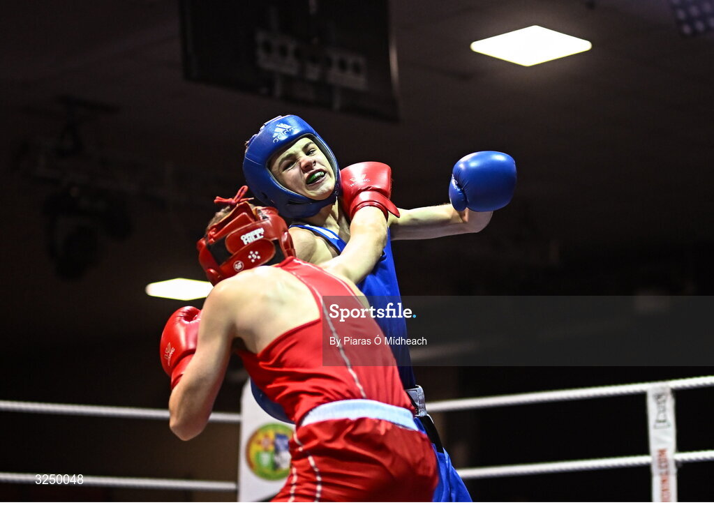 19 September 2025; Michael McDonagh of Avona BC Dublin, right, in action against Conan McSorley of Two Castles ABC Tyrone during their 54kg bout at the 2025 IABA National U17 Championship Finals at the National Boxing Stadium in Dublin. Photo by Piaras Ó Mídheach/Sportsfile