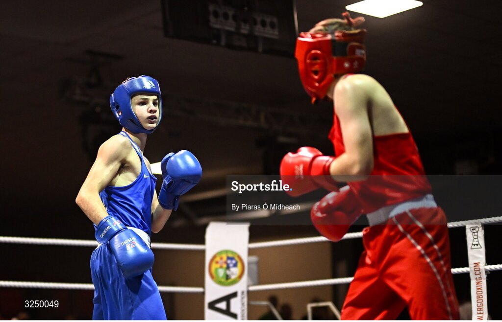 19 September 2025; Michael McDonagh of Avona BC Dublin, left, in action against Conan McSorley of Two Castles ABC Tyrone during their 54kg bout at the 2025 IABA National U17 Championship Finals at the National Boxing Stadium in Dublin. Photo by Piaras Ó Mídheach/Sportsfile