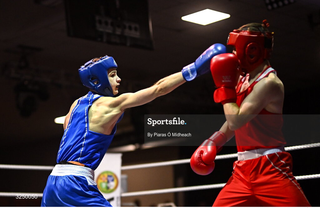 19 September 2025; Michael McDonagh of Avona BC Dublin, left, in action against Conan McSorley of Two Castles ABC Tyrone during their 54kg bout at the 2025 IABA National U17 Championship Finals at the National Boxing Stadium in Dublin. Photo by Piaras Ó Mídheach/Sportsfile