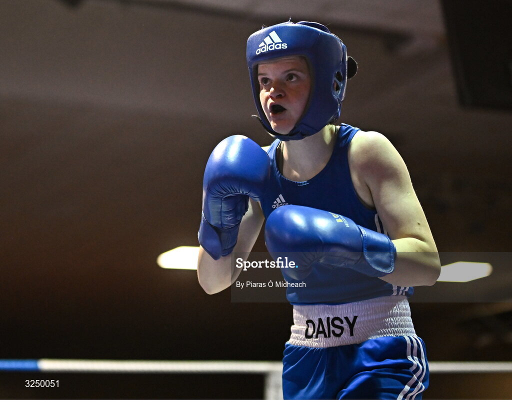 19 September 2025; Daisy Kiernan of Dealgan ABC Louth in action against Paige Nickels of Banbridge ABC Antrim during their 54kg bout at the 2025 IABA National U17 Championship Finals at the National Boxing Stadium in Dublin. Photo by Piaras Ó Mídheach/Sportsfile