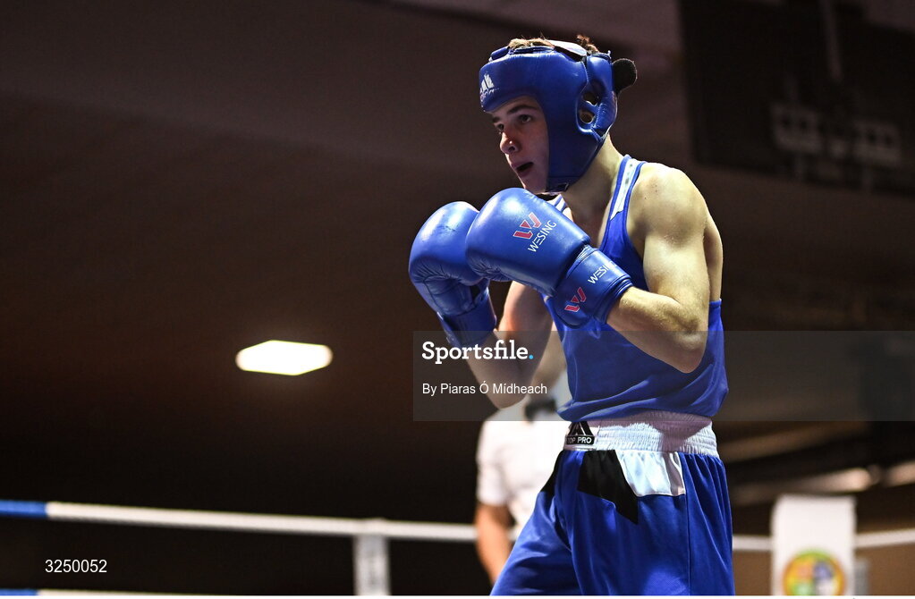 19 September 2025; Michael McDonagh of Avona BC Dublin in action against Conan McSorley of Two Castles ABC Tyrone during their 54kg bout at the 2025 IABA National U17 Championship Finals at the National Boxing Stadium in Dublin. Photo by Piaras Ó Mídheach/Sportsfile