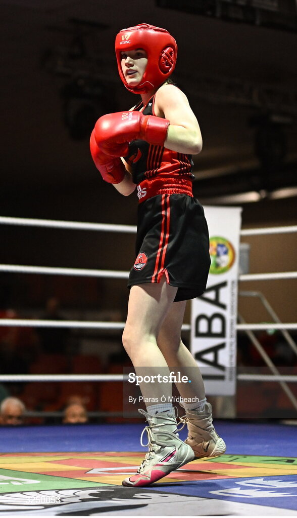 19 September 2025; Paige Nickels of Banbridge ABC Antrim in action against Daisy Kiernan of Dealgan ABC Louth during their 54kg bout at the 2025 IABA National U17 Championship Finals at the National Boxing Stadium in Dublin. Photo by Piaras Ó Mídheach/Sportsfile