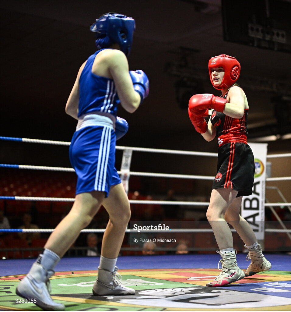 19 September 2025; Paige Nickels of Banbridge ABC Antrim, right, in action against Daisy Kiernan of Dealgan ABC Louth during their 54kg bout at the 2025 IABA National U17 Championship Finals at the National Boxing Stadium in Dublin. Photo by Piaras Ó Mídheach/Sportsfile