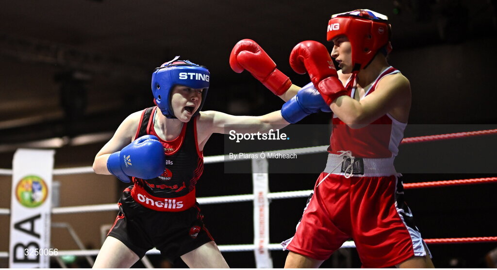 19 September 2025; Lucie Prentice of Banbridge ABC Antrim, left, in action against Tess Ormond of Saviours Crystal BC Waterford during their 50kg bout at the 2025 IABA National U17 Championship Finals at the National Boxing Stadium in Dublin. Photo by Piaras Ó Mídheach/Sportsfile