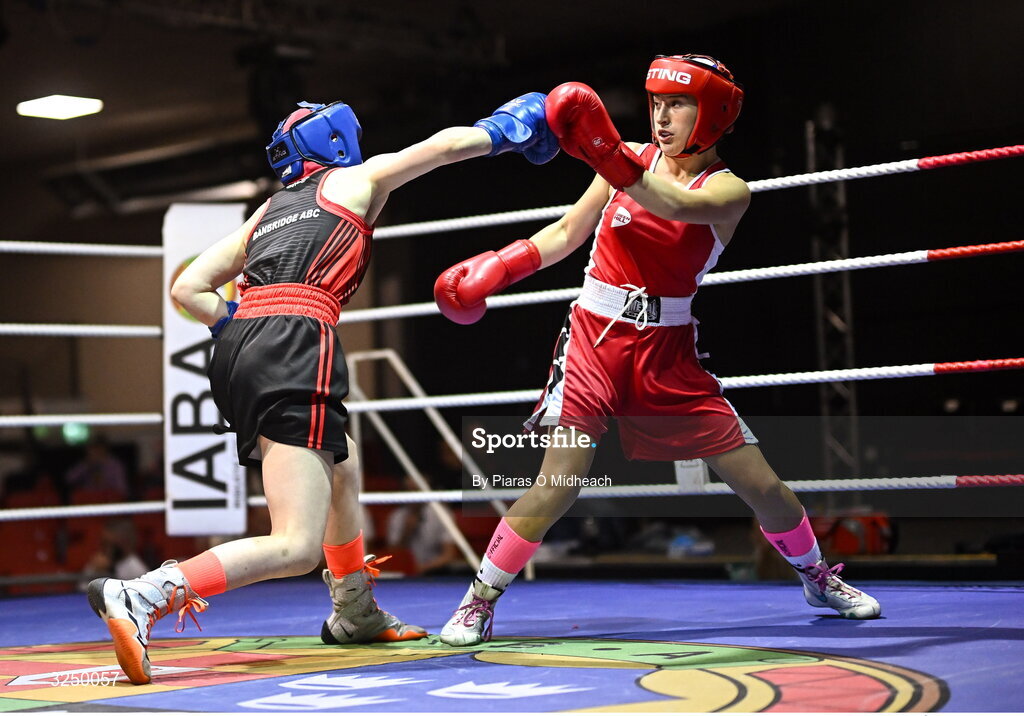 19 September 2025; Tess Ormond of Saviours Crystal BC Waterford, right, in action against Lucie Prentice of Banbridge ABC Antrim during their 50kg bout at the 2025 IABA National U17 Championship Finals at the National Boxing Stadium in Dublin. Photo by Piaras Ó Mídheach/Sportsfile