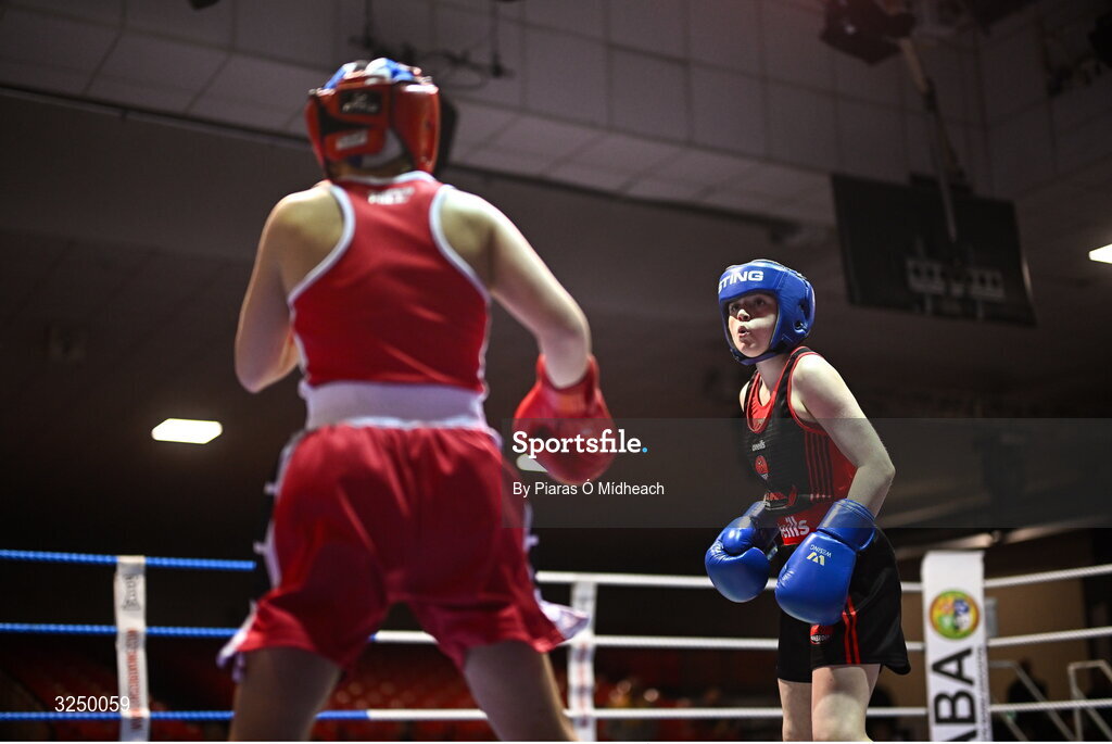 19 September 2025; Lucie Prentice of Banbridge ABC Antrim, right, in action against Tess Ormond of Saviours Crystal BC Waterford during their 50kg bout at the 2025 IABA National U17 Championship Finals at the National Boxing Stadium in Dublin. Photo by Piaras Ó Mídheach/Sportsfile