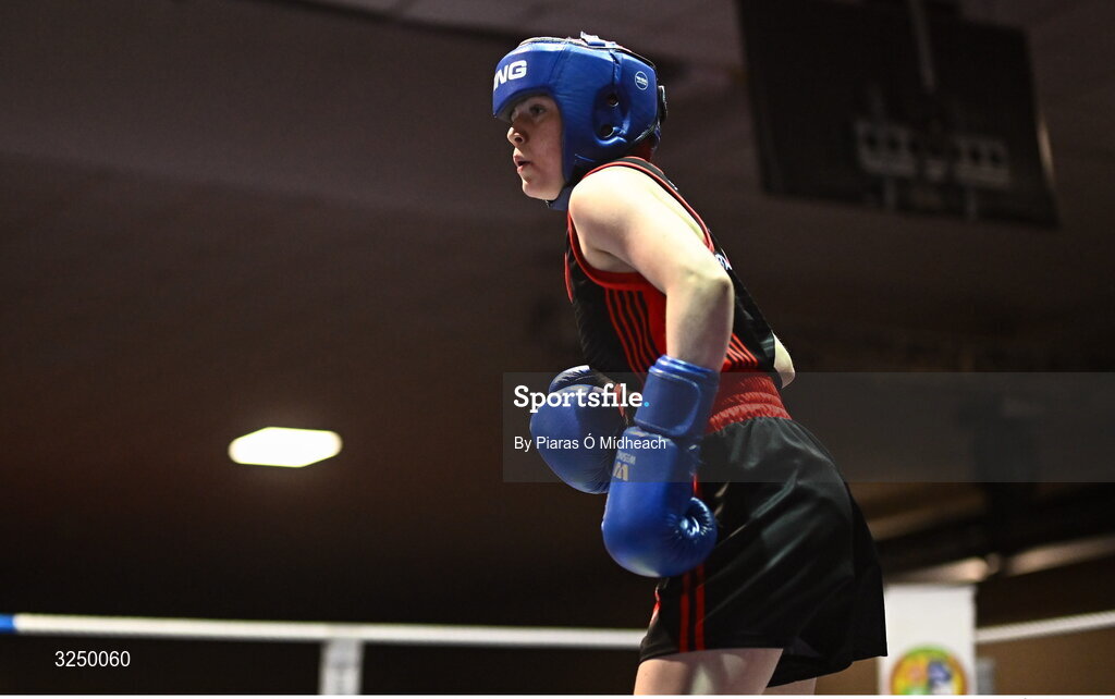 19 September 2025; Lucie Prentice of Banbridge ABC Antrim in action against Tess Ormond of Saviours Crystal BC Waterford during their 50kg bout at the 2025 IABA National U17 Championship Finals at the National Boxing Stadium in Dublin. Photo by Piaras Ó Mídheach/Sportsfile