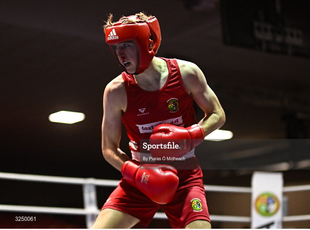19 September 2025; Cathal Conlon of Ballyhaunis BC Mayo in action against Padraig Walsh of Immaculata ABC Belfast during their 63kg bout at the 2025 IABA National U17 Championship Finals at the National Boxing Stadium in Dublin. Photo by Piaras Ó Mídheach/Sportsfile