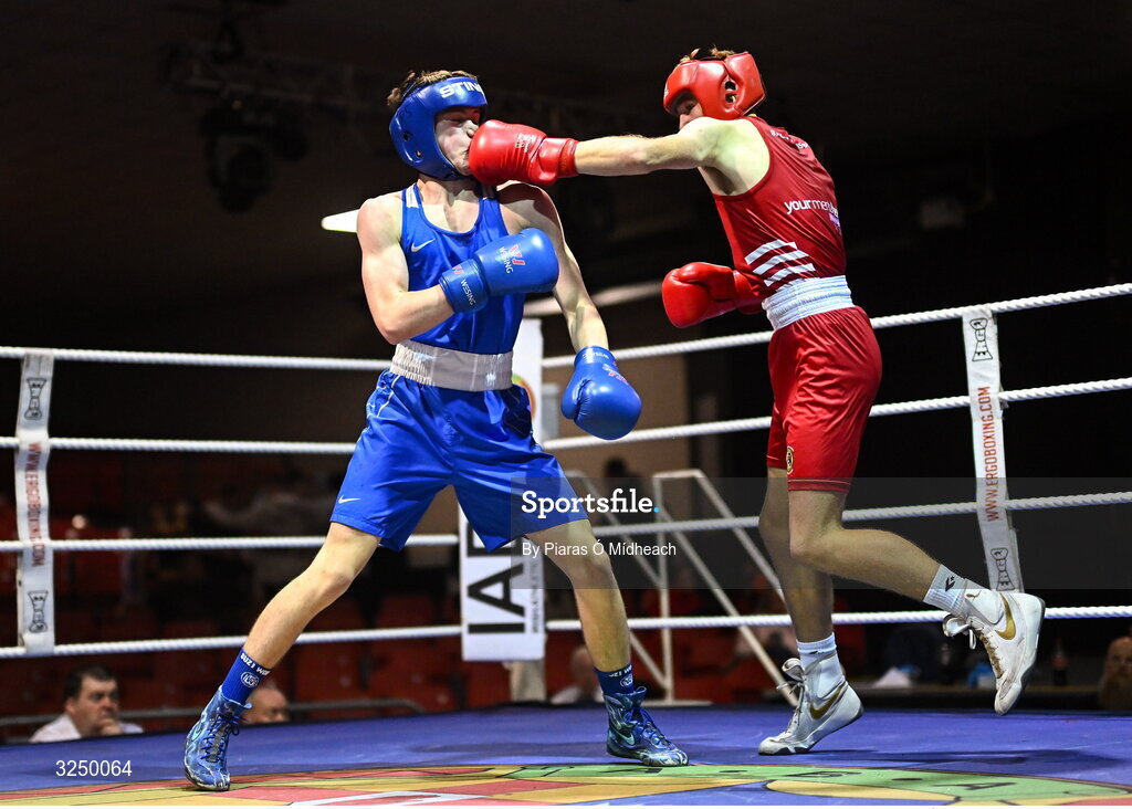19 September 2025; Cathal Conlon of Ballyhaunis BC Mayo, right, in action against Padraig Walsh of Immaculata ABC Belfast during their 63kg bout at the 2025 IABA National U17 Championship Finals at the National Boxing Stadium in Dublin. Photo by Piaras Ó Mídheach/Sportsfile
