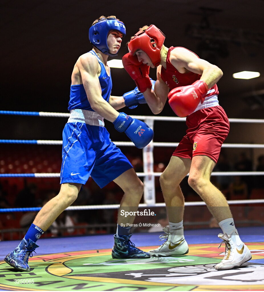 19 September 2025; Padraig Walsh of Immaculata ABC Belfast, left, in action against Cathal Conlon of Ballyhaunis BC Mayo during their 63kg bout at the 2025 IABA National U17 Championship Finals at the National Boxing Stadium in Dublin. Photo by Piaras Ó Mídheach/Sportsfile