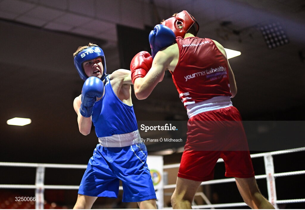 19 September 2025; Padraig Walsh of Immaculata ABC Belfast, left, in action against Cathal Conlon of Ballyhaunis BC Mayo during their 63kg bout at the 2025 IABA National U17 Championship Finals at the National Boxing Stadium in Dublin. Photo by Piaras Ó Mídheach/Sportsfile