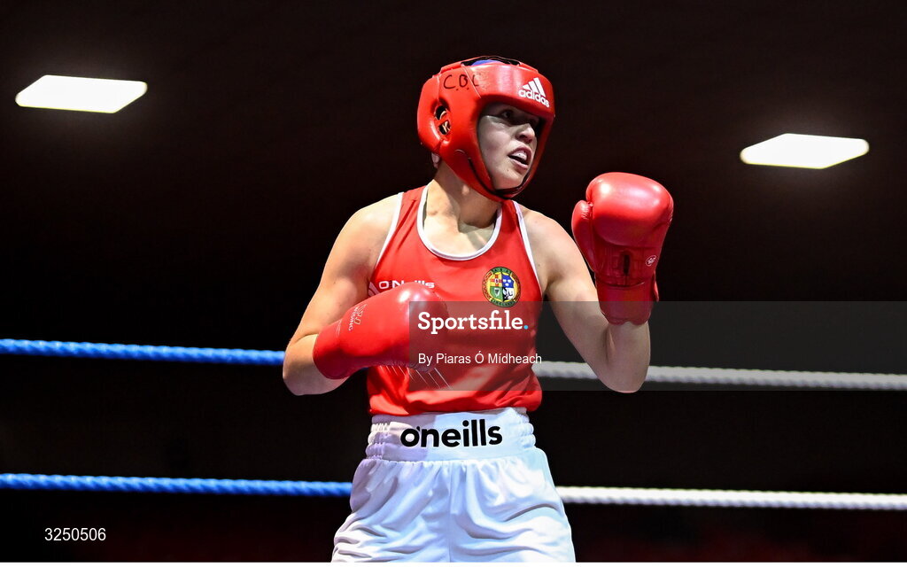 19 September 2025; Grace Bailey of Castlebar BC Mayo in action against Aleisha Mullis Boyle of Dungloe ABC Donegal during their 66kg bout at the 2025 IABA National U17 Championship Finals at the National Boxing Stadium in Dublin. Photo by Piaras Ó Mídheach/Sportsfile