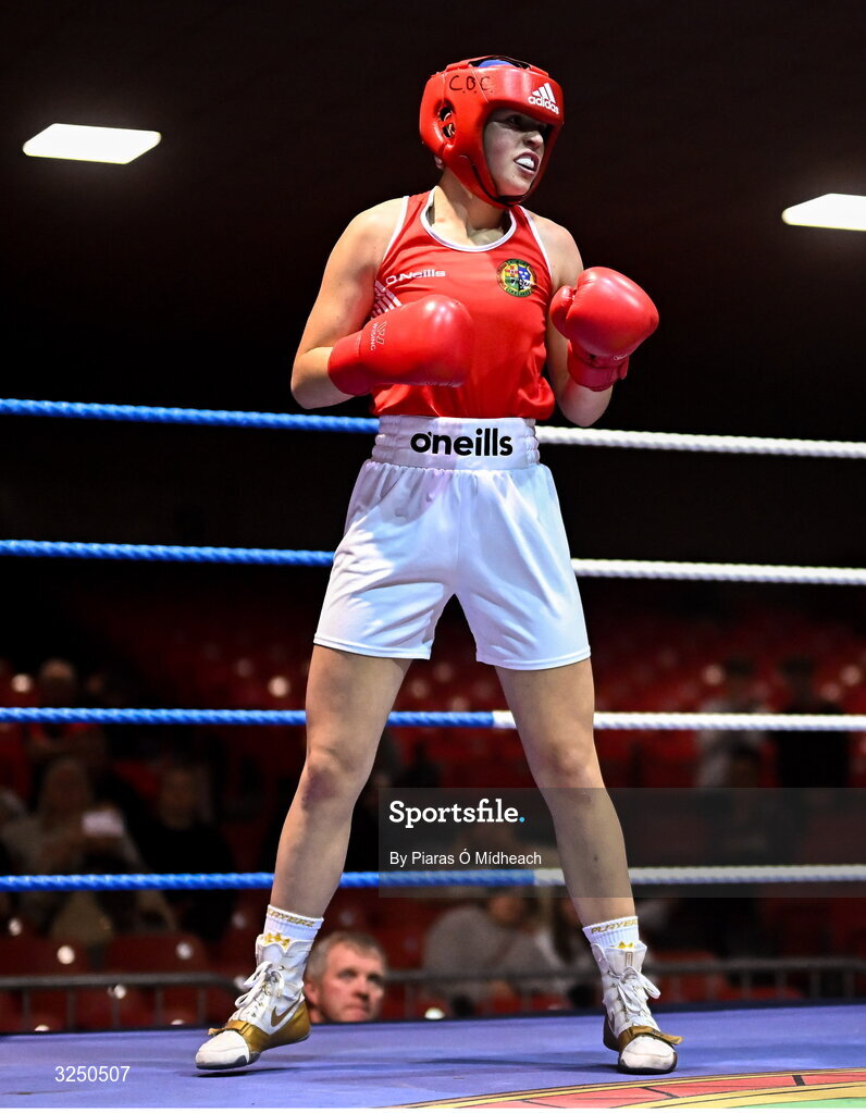 19 September 2025; Grace Bailey of Castlebar BC Mayo in action against Aleisha Mullis Boyle of Dungloe ABC Donegal during their 66kg bout at the 2025 IABA National U17 Championship Finals at the National Boxing Stadium in Dublin. Photo by Piaras Ó Mídheach/Sportsfile