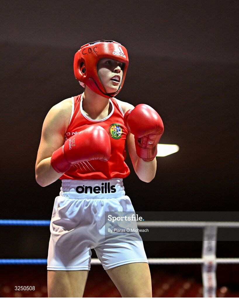 19 September 2025; Grace Bailey of Castlebar BC Mayo in action against Aleisha Mullis Boyle of Dungloe ABC Donegal during their 66kg bout at the 2025 IABA National U17 Championship Finals at the National Boxing Stadium in Dublin. Photo by Piaras Ó Mídheach/Sportsfile