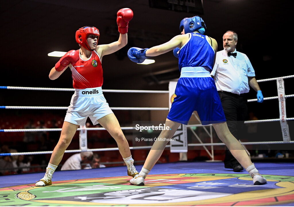 19 September 2025; Grace Bailey of Castlebar BC Mayo, left, in action against Aleisha Mullis Boyle of Dungloe ABC Donegal during their 66kg bout at the 2025 IABA National U17 Championship Finals at the National Boxing Stadium in Dublin. Photo by Piaras Ó Mídheach/Sportsfile