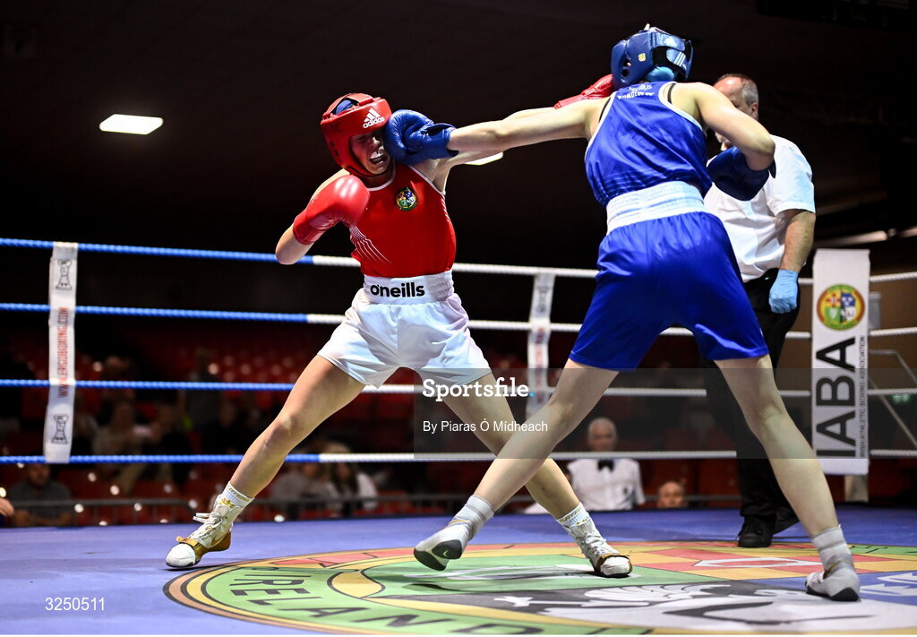 19 September 2025; Grace Bailey of Castlebar BC Mayo, left, in action against Aleisha Mullis Boyle of Dungloe ABC Donegal during their 66kg bout at the 2025 IABA National U17 Championship Finals at the National Boxing Stadium in Dublin. Photo by Piaras Ó Mídheach/Sportsfile