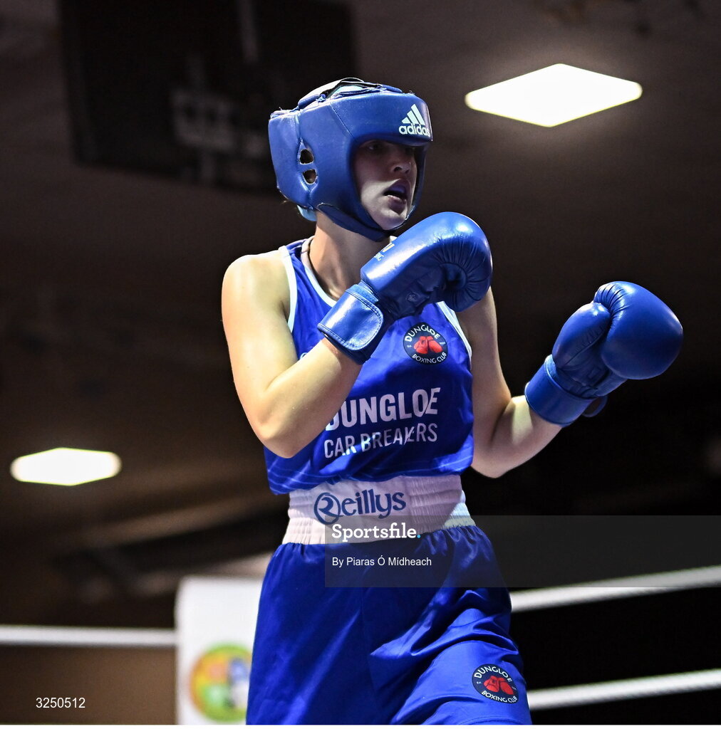 19 September 2025; Aleisha Mullis Boyle of Dungloe ABC Donegal in action against Grace Bailey of Castlebar BC Mayo during their 66kg bout at the 2025 IABA National U17 Championship Finals at the National Boxing Stadium in Dublin. Photo by Piaras Ó Mídheach/Sportsfile