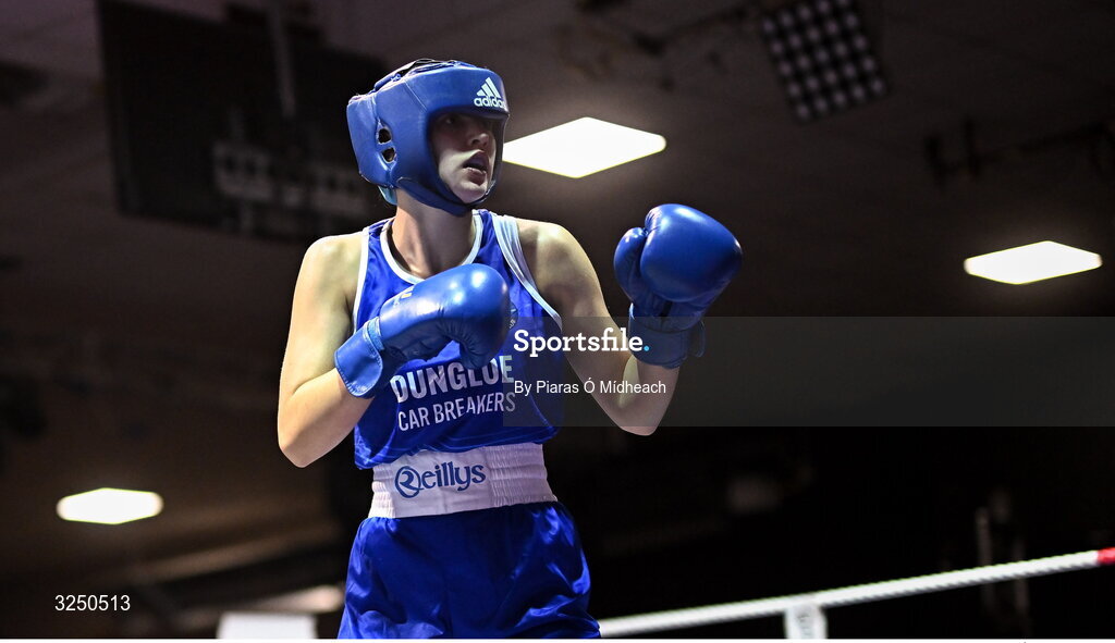 19 September 2025; Aleisha Mullis Boyle of Dungloe ABC Donegal in action against Grace Bailey of Castlebar BC Mayo during their 66kg bout at the 2025 IABA National U17 Championship Finals at the National Boxing Stadium in Dublin. Photo by Piaras Ó Mídheach/Sportsfile