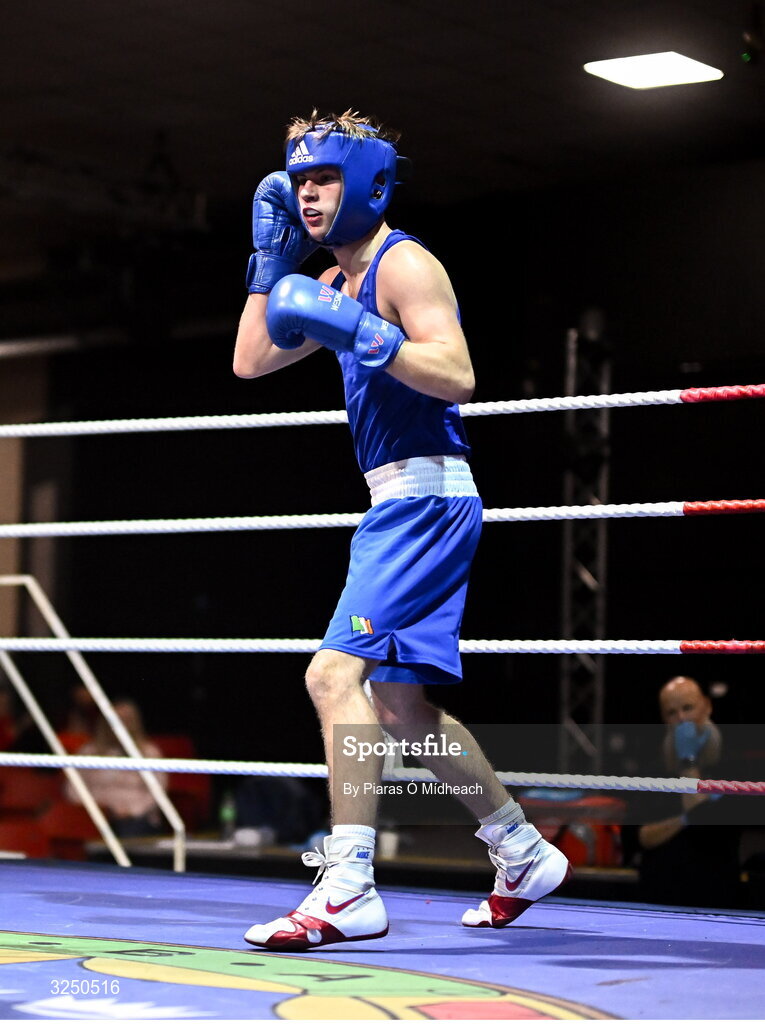 19 September 2025; Darren O’Toole of Jobstown BC Dublin in action against Kai Dynes of Immaculata ABC Belfast during their 66kg bout at the 2025 IABA National U17 Championship Finals at the National Boxing Stadium in Dublin. Photo by Piaras Ó Mídheach/Sportsfile
