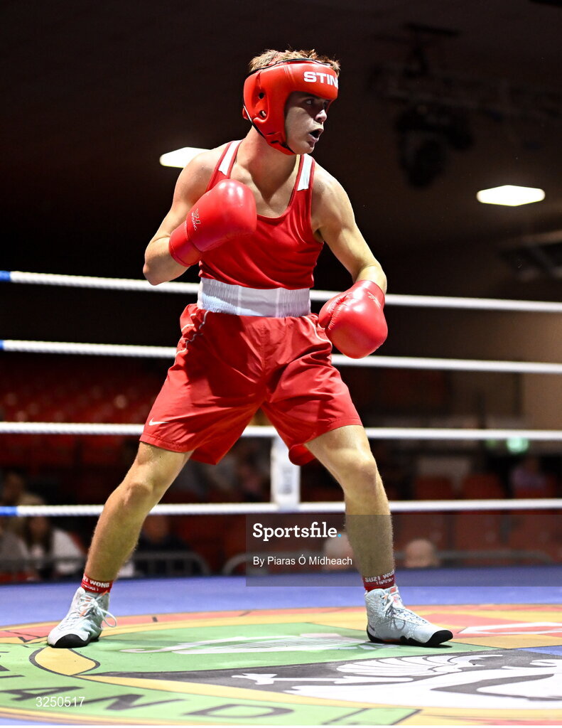 19 September 2025; Kai Dynes of Immaculata ABC Belfast in action against Darren O’Toole of Jobstown BC Dublin during their 66kg bout at the 2025 IABA National U17 Championship Finals at the National Boxing Stadium in Dublin. Photo by Piaras Ó Mídheach/Sportsfile