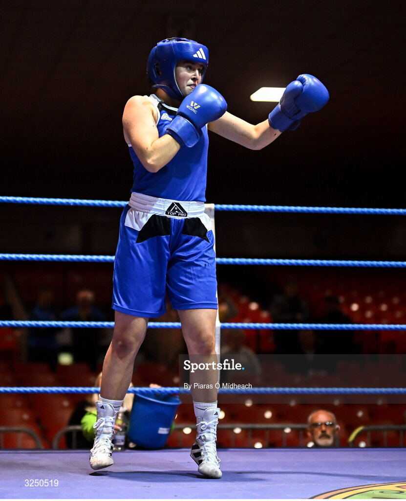 19 September 2025; Gianna Duffy of UNIT 3 BC Naas Kildare in action against Cassie Henderson of Phoenix ABC Armagh  during their 70kg bout at the 2025 IABA National U17 Championship Finals at the National Boxing Stadium in Dublin. Photo by Piaras Ó Mídheach/Sportsfile