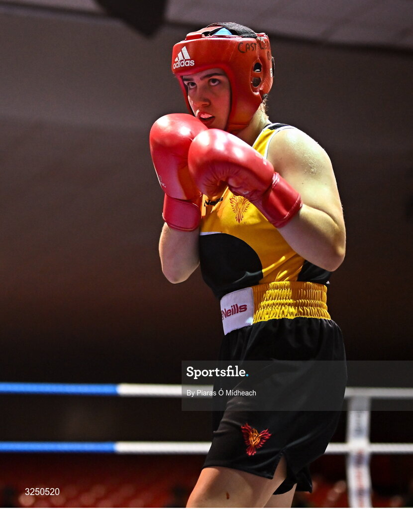 19 September 2025; Cassie Henderson of Phoenix ABC Armagh in action against Gianna Duffy of UNIT 3 BC Naas Kildare during their 70kg bout at the 2025 IABA National U17 Championship Finals at the National Boxing Stadium in Dublin. Photo by Piaras Ó Mídheach/Sportsfile