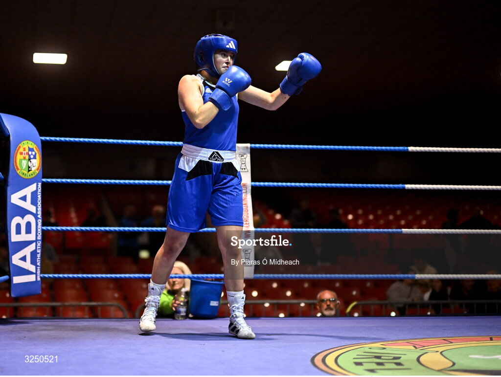 19 September 2025; Gianna Duffy of UNIT 3 BC Naas Kildare in action against Cassie Henderson of Phoenix ABC Armagh  during their 70kg bout at the 2025 IABA National U17 Championship Finals at the National Boxing Stadium in Dublin. Photo by Piaras Ó Mídheach/Sportsfile