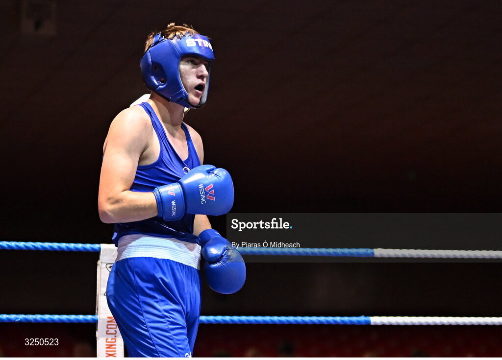 19 September 2025; Martin Collins of Baldoyle BC Dublin in action against Sean Doohan of Dunfanaghy BC Donegal during their 80kg bout at the 2025 IABA National U17 Championship Finals at the National Boxing Stadium in Dublin. Photo by Piaras Ó Mídheach/Sportsfile