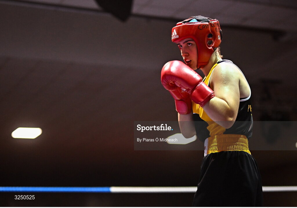 19 September 2025; Cassie Henderson of Phoenix ABC Armagh in action against Gianna Duffy of UNIT 3 BC Naas Kildare during their 70kg bout at the 2025 IABA National U17 Championship Finals at the National Boxing Stadium in Dublin. Photo by Piaras Ó Mídheach/Sportsfile