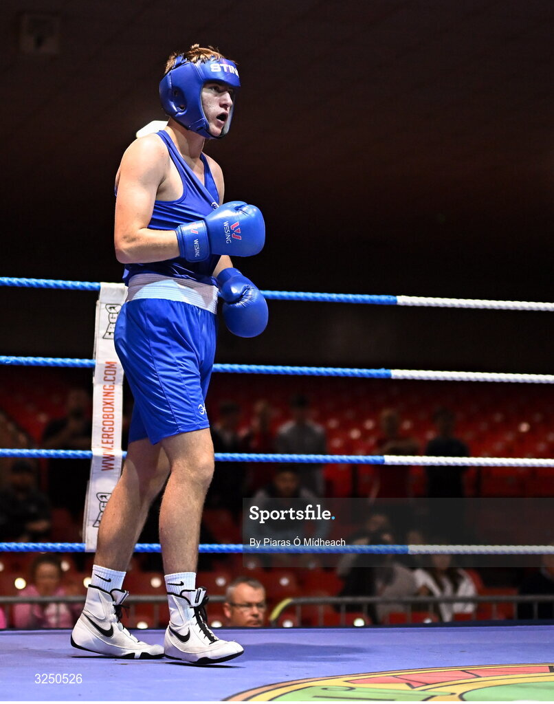 19 September 2025; Martin Collins of Baldoyle BC Dublin in action against Sean Doohan of Dunfanaghy BC Donegal during their 80kg bout at the 2025 IABA National U17 Championship Finals at the National Boxing Stadium in Dublin. Photo by Piaras Ó Mídheach/Sportsfile