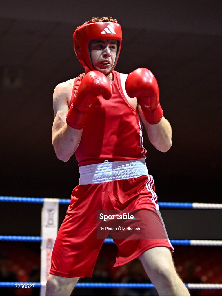 19 September 2025; Sean Doohan of Dunfanaghy BC Donegal in action against Martin Collins of Baldoyle BC Dublin during their 80kg bout at the 2025 IABA National U17 Championship Finals at the National Boxing Stadium in Dublin. Photo by Piaras Ó Mídheach/Sportsfile