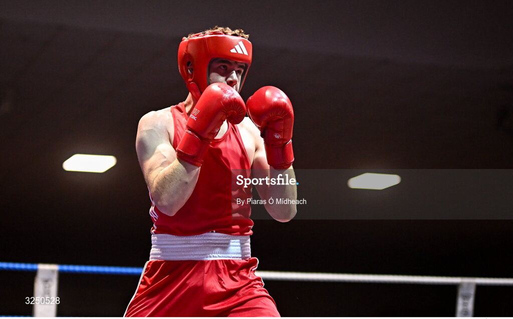 19 September 2025; Sean Doohan of Dunfanaghy BC Donegal in action against Martin Collins of Baldoyle BC Dublin during their 80kg bout at the 2025 IABA National U17 Championship Finals at the National Boxing Stadium in Dublin. Photo by Piaras Ó Mídheach/Sportsfile