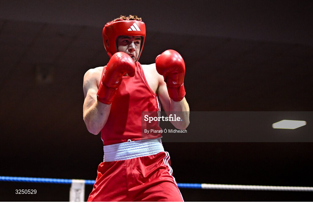 19 September 2025; Sean Doohan of Dunfanaghy BC Donegal in action against Martin Collins of Baldoyle BC Dublin during their 80kg bout at the 2025 IABA National U17 Championship Finals at the National Boxing Stadium in Dublin. Photo by Piaras Ó Mídheach/Sportsfile