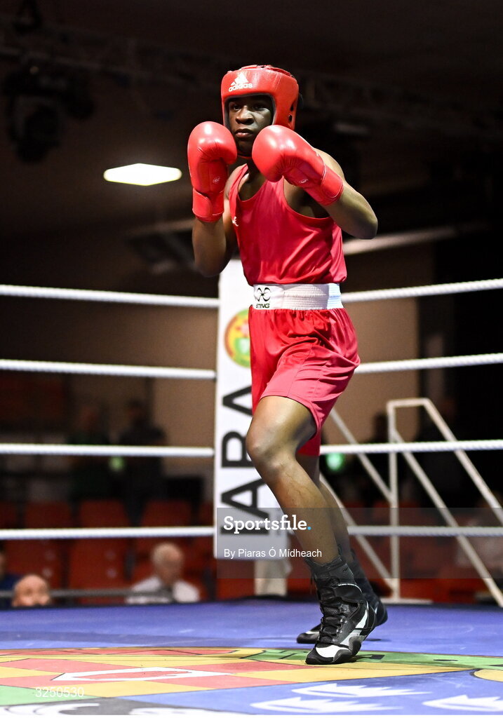 19 September 2025; Kevin Pukuta of Portlaoise BC Laois in action against John Ward of Monivea BC Galway during their 75kg bout at the 2025 IABA National U17 Championship Finals at the National Boxing Stadium in Dublin. Photo by Piaras Ó Mídheach/Sportsfile