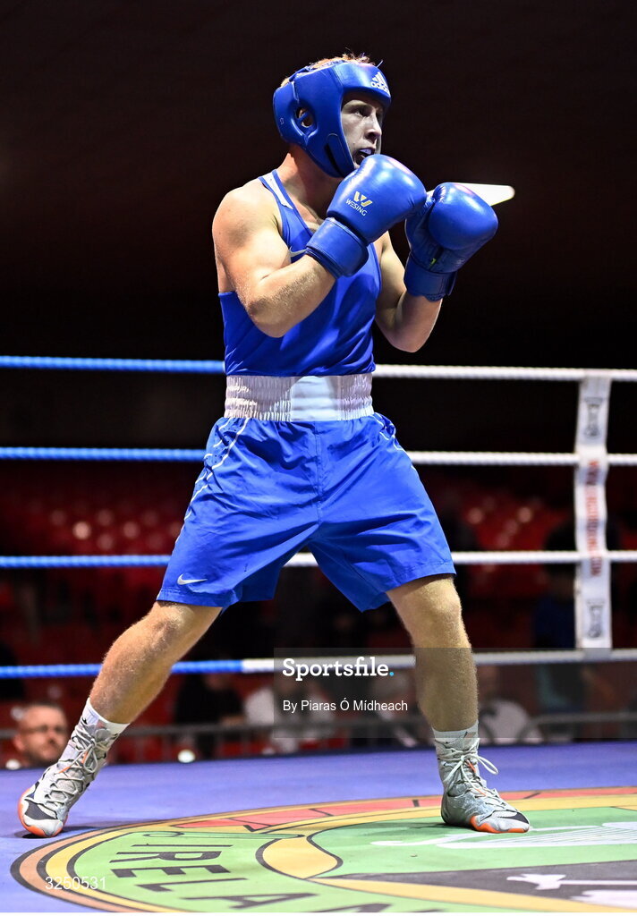 19 September 2025; John Ward of Monivea BC Galway in action against Kevin Pukuta of Portlaoise BC Laois during their 75kg bout at the 2025 IABA National U17 Championship Finals at the National Boxing Stadium in Dublin. Photo by Piaras Ó Mídheach/Sportsfile