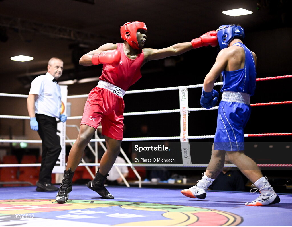 19 September 2025; Kevin Pukuta of Portlaoise BC Laois, left, in action against John Ward of Monivea BC Galway during their 75kg bout at the 2025 IABA National U17 Championship Finals at the National Boxing Stadium in Dublin. Photo by Piaras Ó Mídheach/Sportsfile