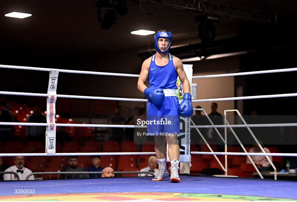 19 September 2025; John Ward of Monivea BC Galway in action against Kevin Pukuta of Portlaoise BC Laois during their 75kg bout at the 2025 IABA National U17 Championship Finals at the National Boxing Stadium in Dublin. Photo by Piaras Ó Mídheach/Sportsfile