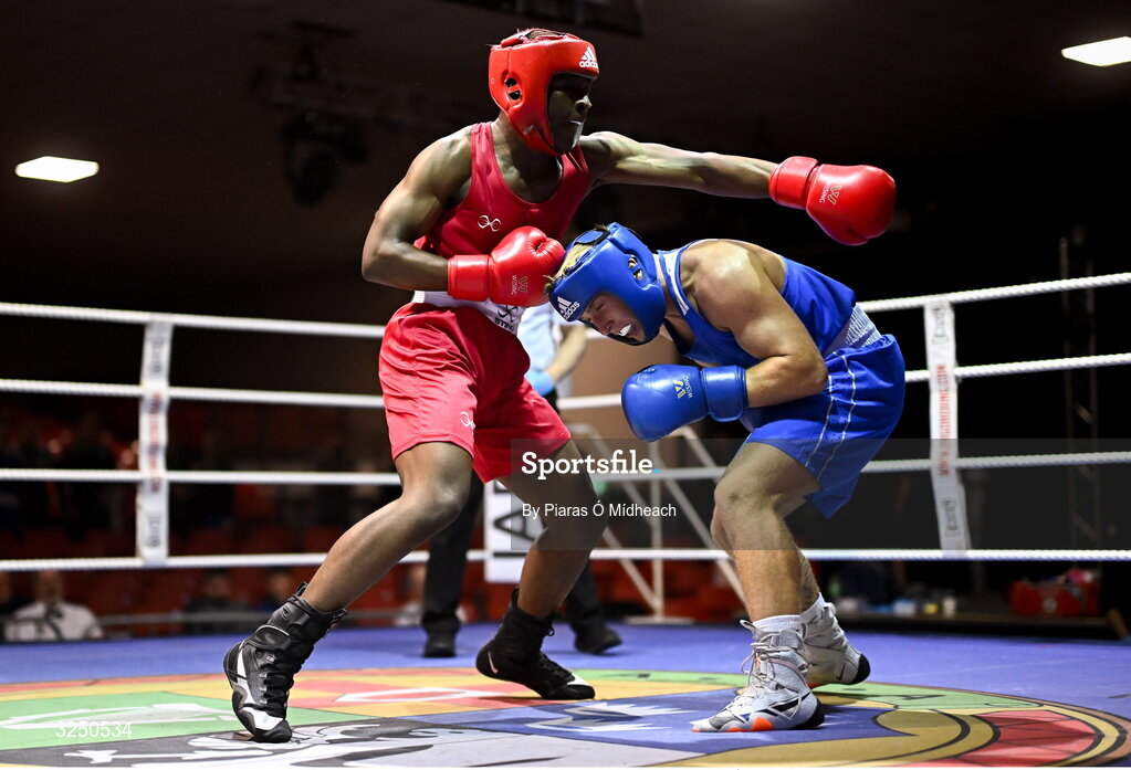 19 September 2025; Kevin Pukuta of Portlaoise BC Laois, left, in action against John Ward of Monivea BC Galway during their 75kg bout at the 2025 IABA National U17 Championship Finals at the National Boxing Stadium in Dublin. Photo by Piaras Ó Mídheach/Sportsfile