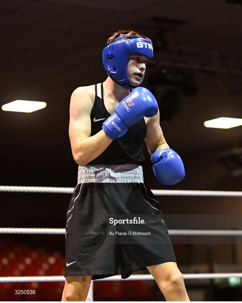 19 September 2025; Conor Dowds of Immaculata ABC Belfast in action against Hughie Lee Nevin of Sacred Heart BC Dublin during their 70kg bout at the 2025 IABA National U17 Championship Finals at the National Boxing Stadium in Dublin. Photo by Piaras Ó Mídheach/Sportsfile