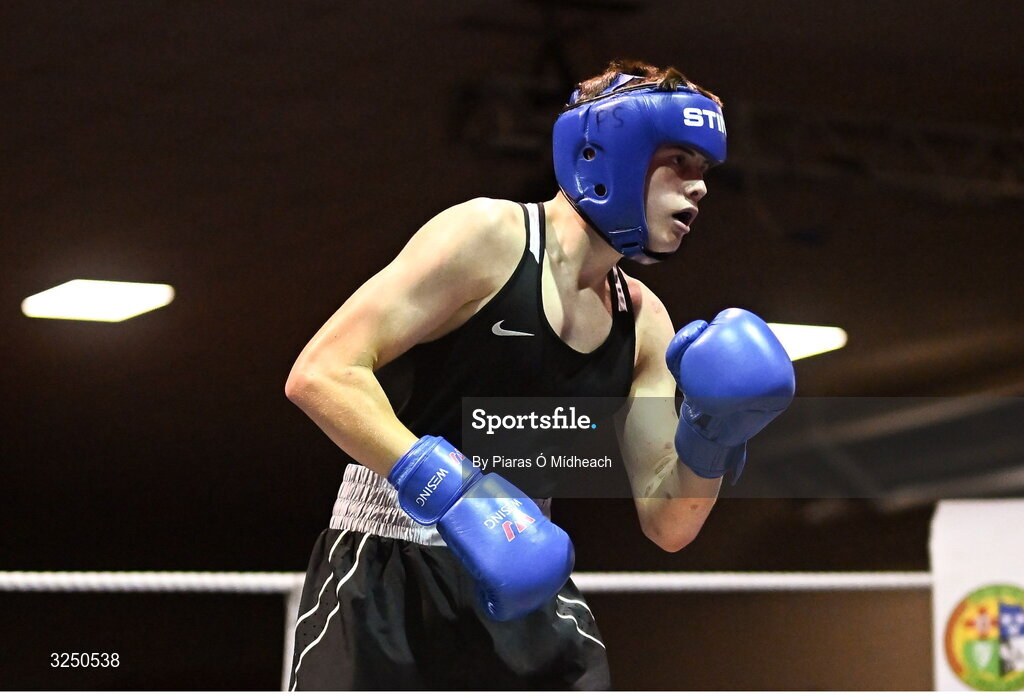 19 September 2025; Conor Dowds of Immaculata ABC Belfast in action against Hughie Lee Nevin of Sacred Heart BC Dublin during their 70kg bout at the 2025 IABA National U17 Championship Finals at the National Boxing Stadium in Dublin. Photo by Piaras Ó Mídheach/Sportsfile