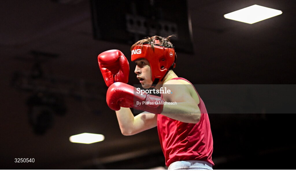 19 September 2025; Hughie Lee Nevin of Sacred Heart BC Dublin in action against Conor Dowds of Immaculata ABC Belfast during their 70kg bout at the 2025 IABA National U17 Championship Finals at the National Boxing Stadium in Dublin. Photo by Piaras Ó Mídheach/Sportsfile