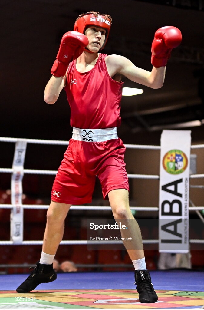 19 September 2025; Hughie Lee Nevin of Sacred Heart BC Dublin in action against Conor Dowds of Immaculata ABC Belfast during their 70kg bout at the 2025 IABA National U17 Championship Finals at the National Boxing Stadium in Dublin. Photo by Piaras Ó Mídheach/Sportsfile