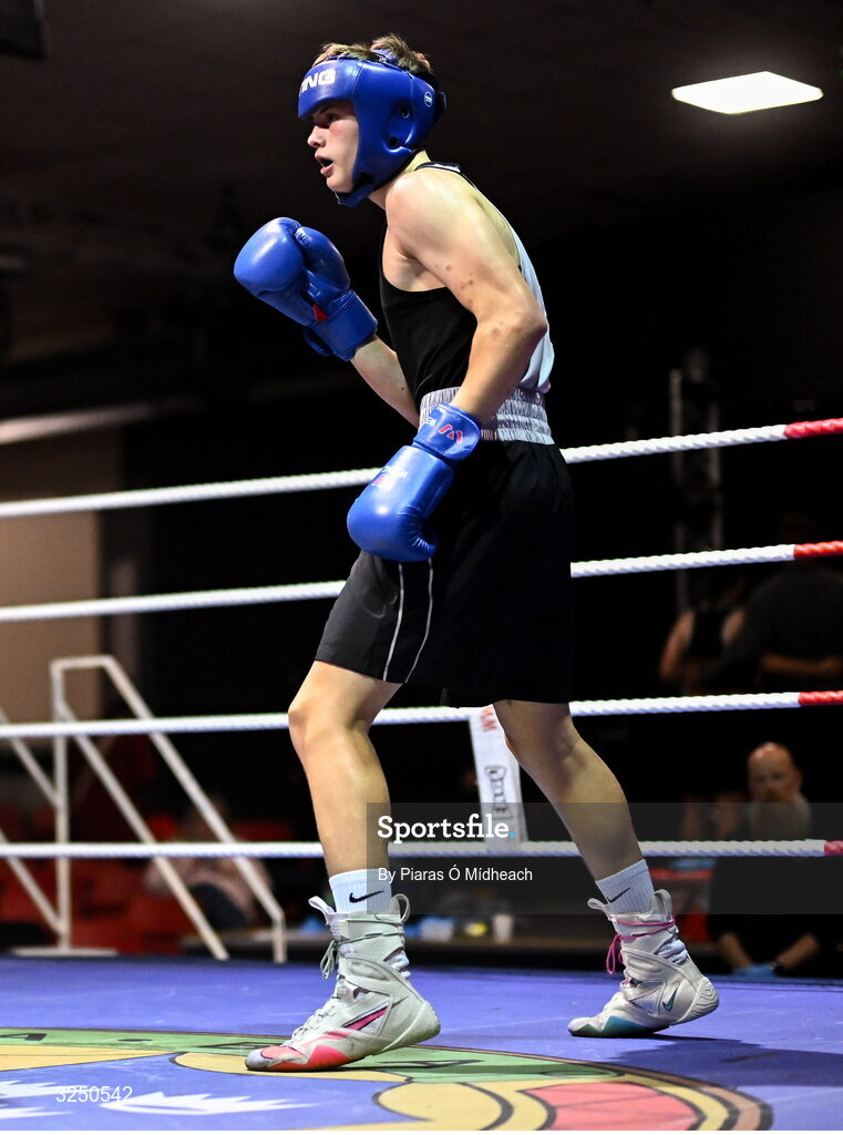 19 September 2025; Conor Dowds of Immaculata ABC Belfast in action against Hughie Lee Nevin of Sacred Heart BC Dublin during their 70kg bout at the 2025 IABA National U17 Championship Finals at the National Boxing Stadium in Dublin. Photo by Piaras Ó Mídheach/Sportsfile