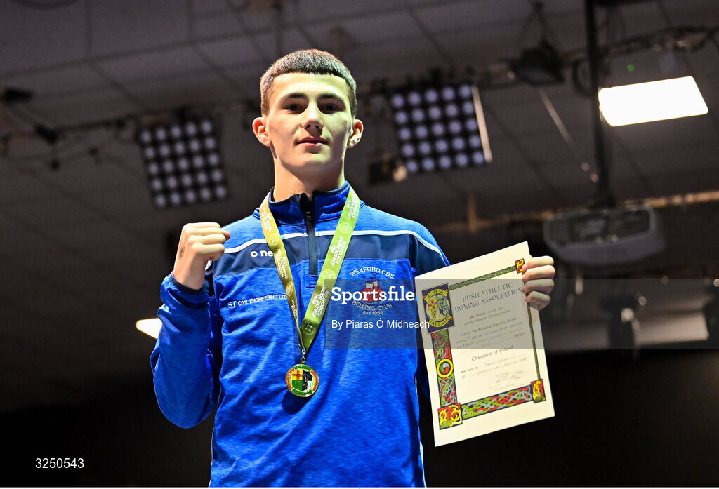 19 September 2025; Kalib Walshe of Wexford CBS after winning the 57kg title by walkover at the 2025 IABA National U17 Championship Finals at the National Boxing Stadium in Dublin. Photo by Piaras Ó Mídheach/Sportsfile