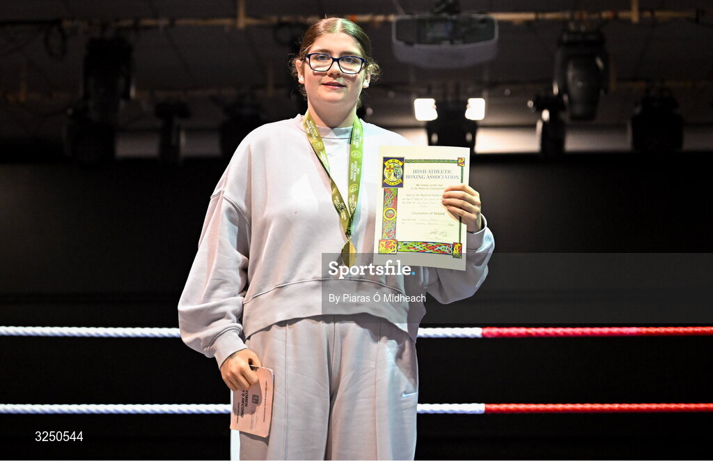 19 September 2025; Carl Norris Santry BC Dublin after winning the 80kg title by walkover at the 2025 IABA National U17 Championship Finals at the National Boxing Stadium in Dublin. Photo by Piaras Ó Mídheach/Sportsfile